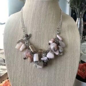 Pink Peruvian opals, rose Quartz, crystal silver piece charm necklace